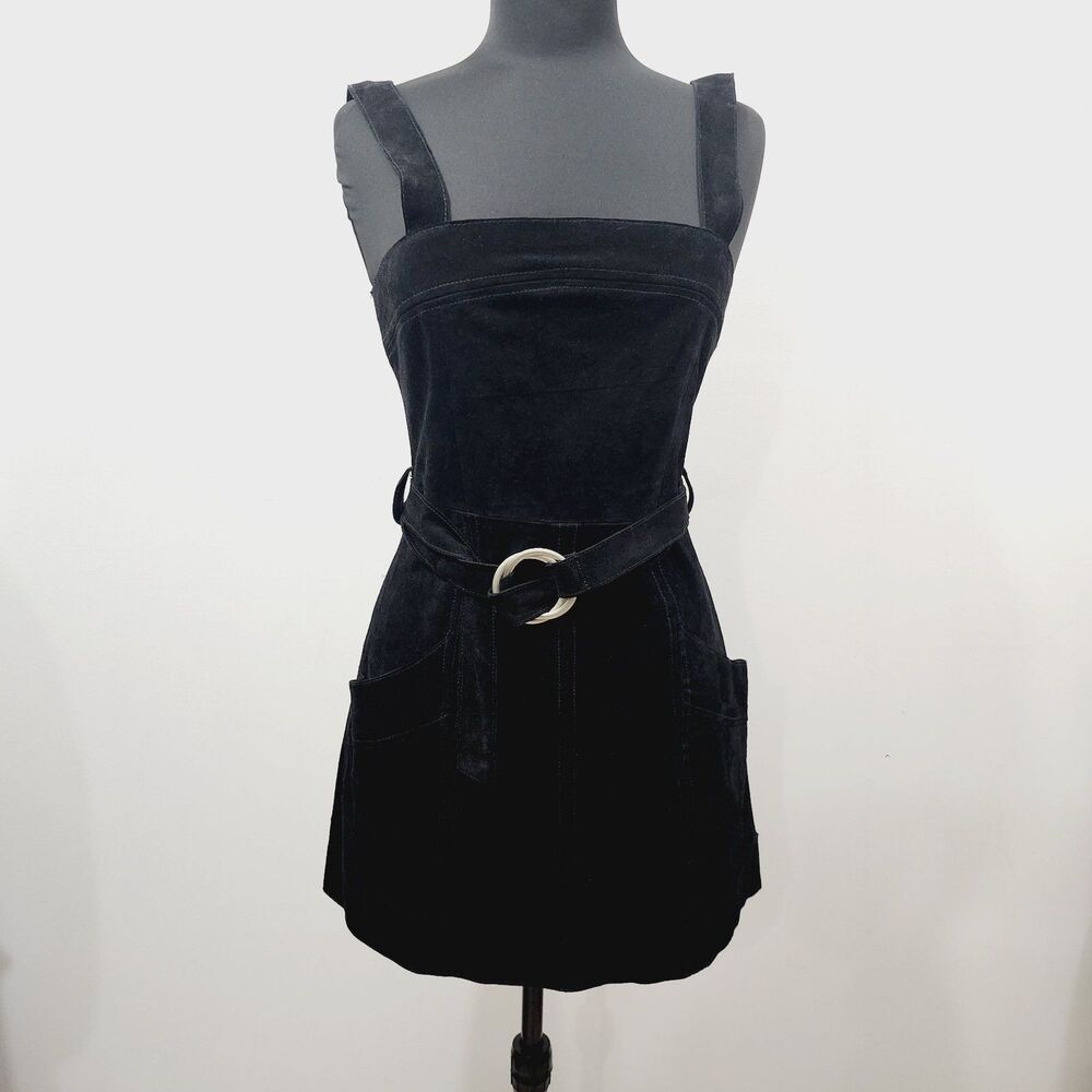 Free People Ring Around You Suede Cow Leather Belted Mini Dress Black Size 4
